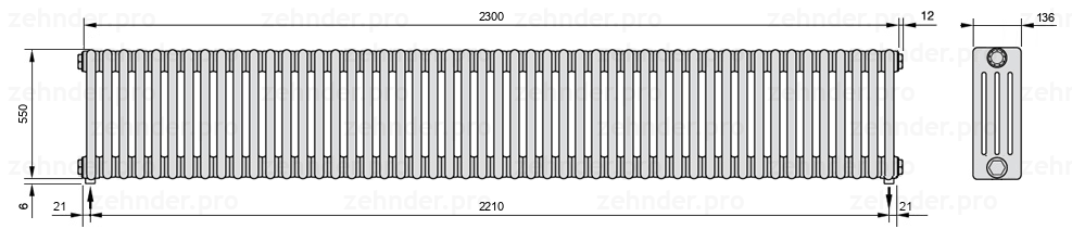 Схема (чертеж) Радиатор Zehnder Charleston 4055/50 №5310 Белый глянцевый RAL 9016